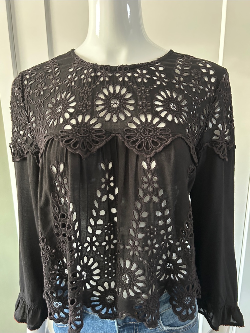 GANNI Emile Viscose Lace Top | Black Floral Eyelet Blouse | IT 42 Small-Medium - Picture 3 of 16